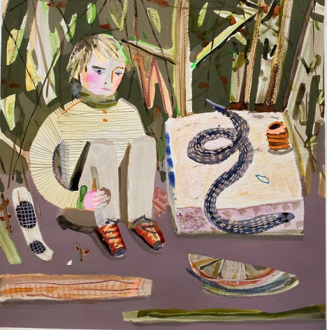 Erika Wastrom  Ways of Seeing Nature (Jed and the snake), 2020  Mixed media on paper  41.91 x 41.91 cm / 16 1/2 x 16 1/2 in  Framed: 55.24 x 52.70 cm / 21 3/4 x 20 3/4 in