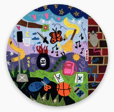 Kaylie Kaitschuck  Recess, 2022  Yarn on Felt stretched over canvas  Diameter: 92 cm / 36 in