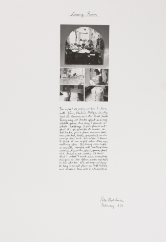 Peter Hutchinson  Living Room, 1973  Photo-collage, ink, text on cardboard  71.1 x 49.5 cm / 28 x 19 1/2 in  Framed: 74.9 x 52.8 cm / 29 1/2 x 20 4/5 in